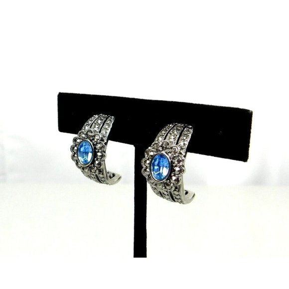 Vtg Avon Romantic Treasures Faux Marcasite Blue Stone Half Hoop Pierced Earrings - Picture 3 of 8